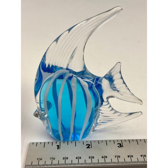 Handblown Art Glass Angelfish Paperweight – Blue & White Striped Figurine - Picture 3 of 16